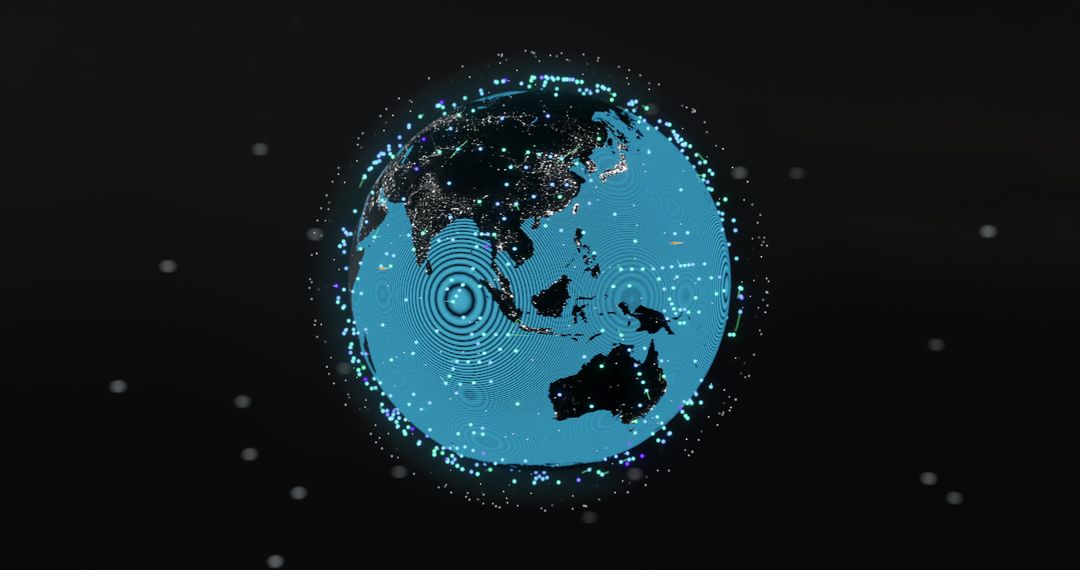 Glowing Digital Connections around Spinning Globe on Dark Background