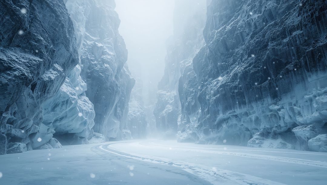 Winding snow-covered road cutting through towering frozen canyon with drifting snowflakes