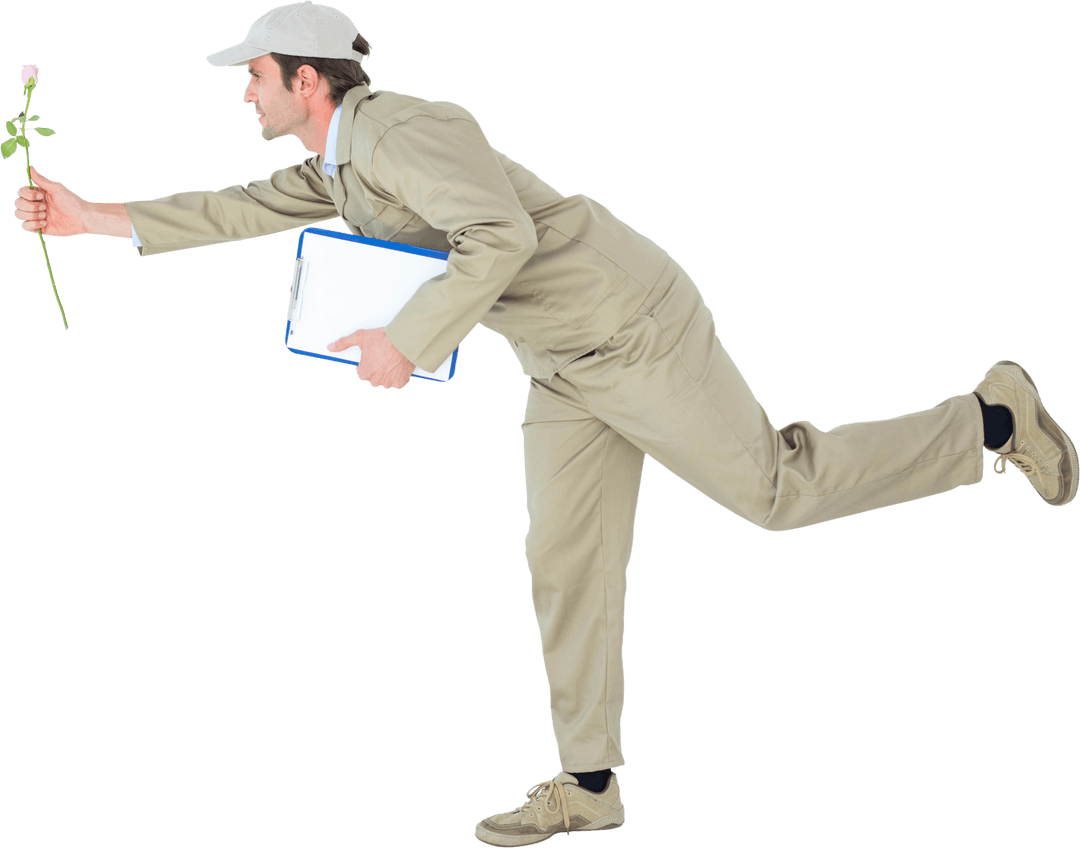 Transparent Delivery Man Offering Flower Fun Gesture Concept