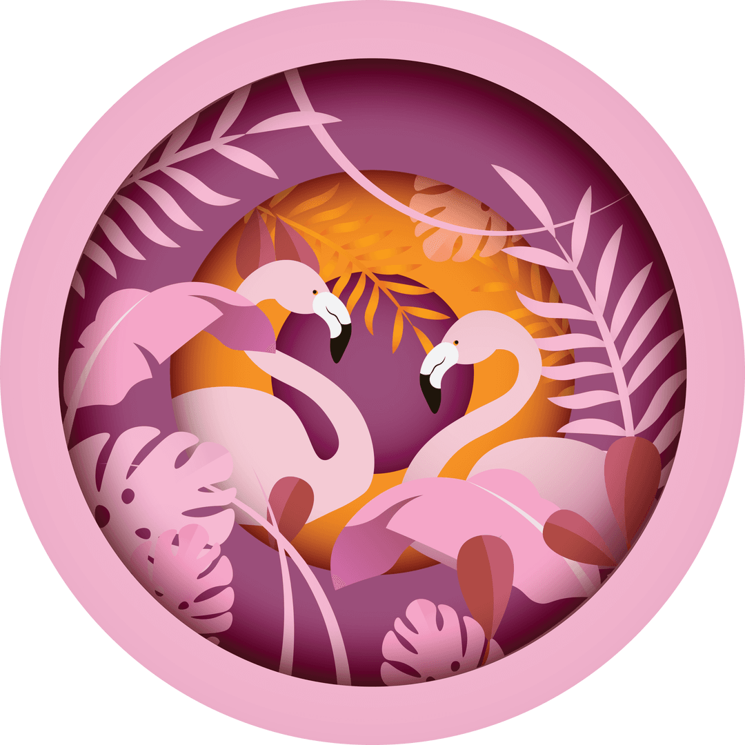 Transparent Illustration of Flamingos with Pink Foliage Design