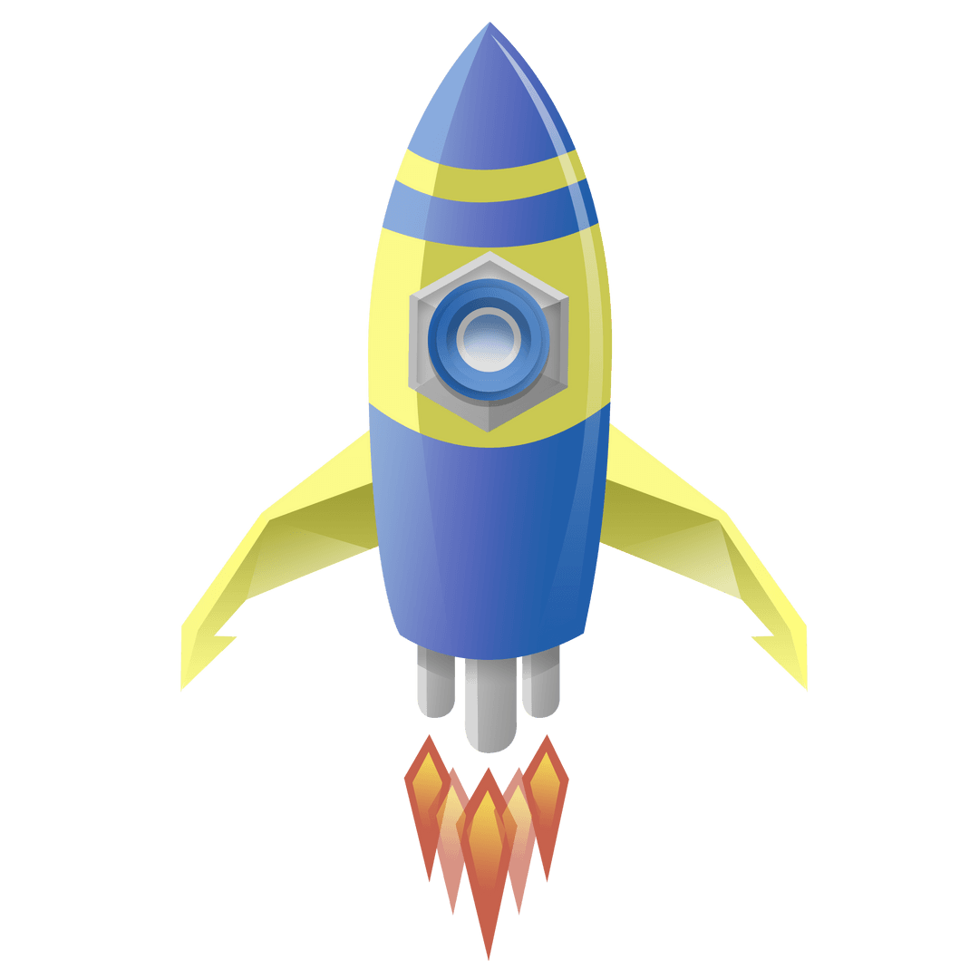 Blue and Yellow Rocket Ship Digital Illustration on Transparent Background