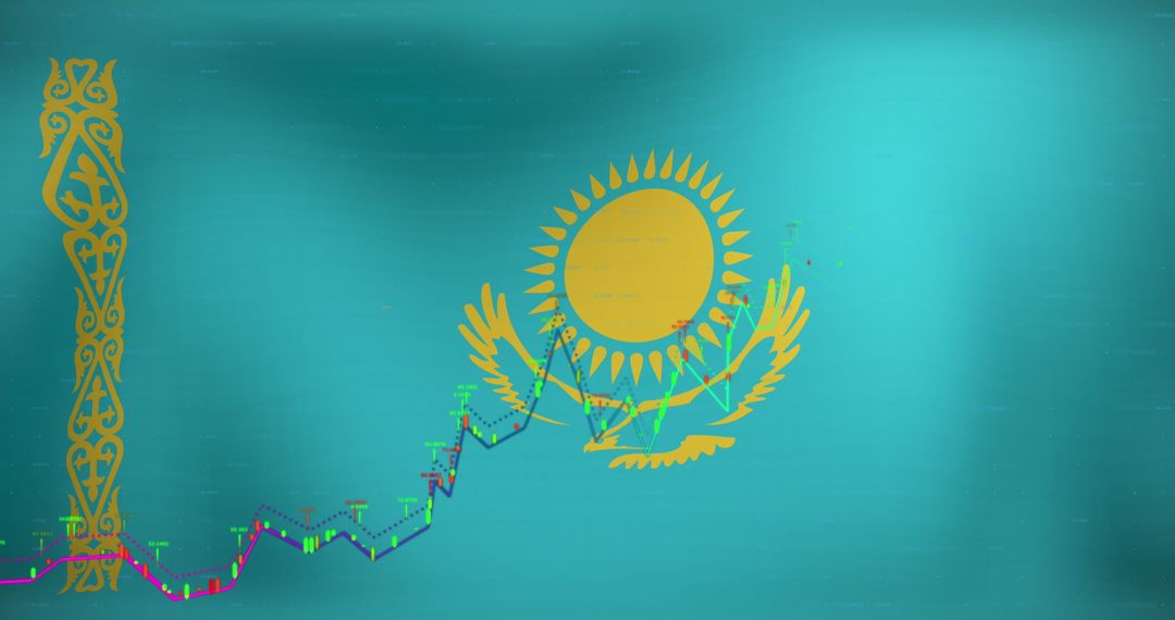 Kazakhstan Flag with Digital Data Representations and Analytics