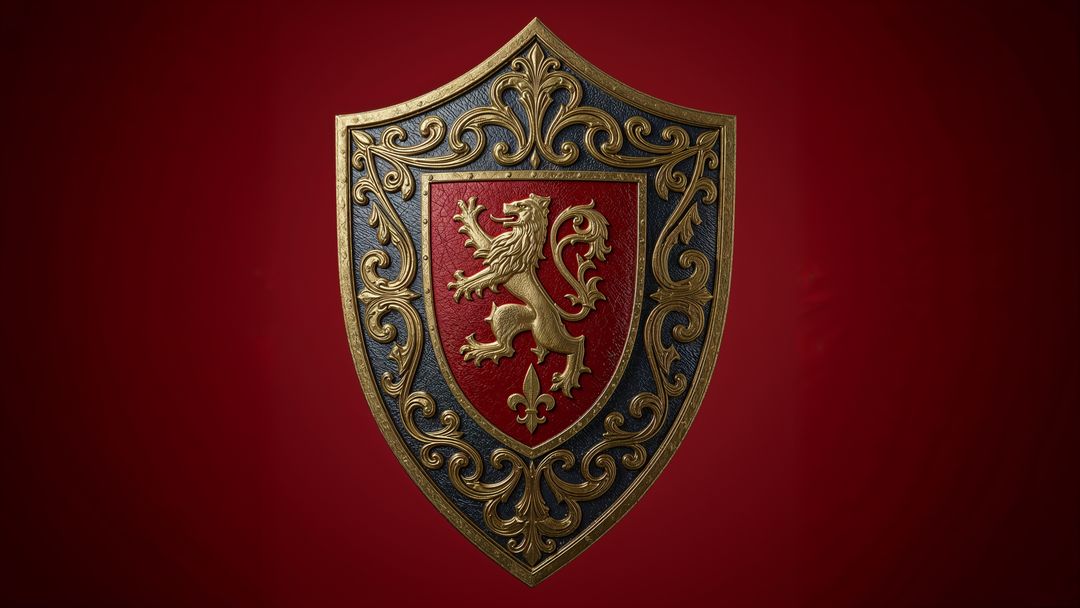 Heraldic Shield with Gold Lion and Intricate Filigree on Red