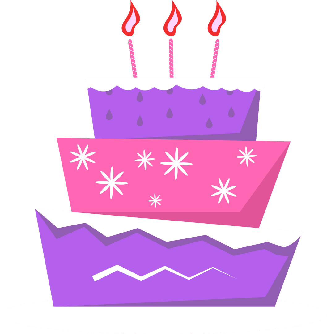 Three-Tier Birthday Cake with Lit Candles, Transparent Background