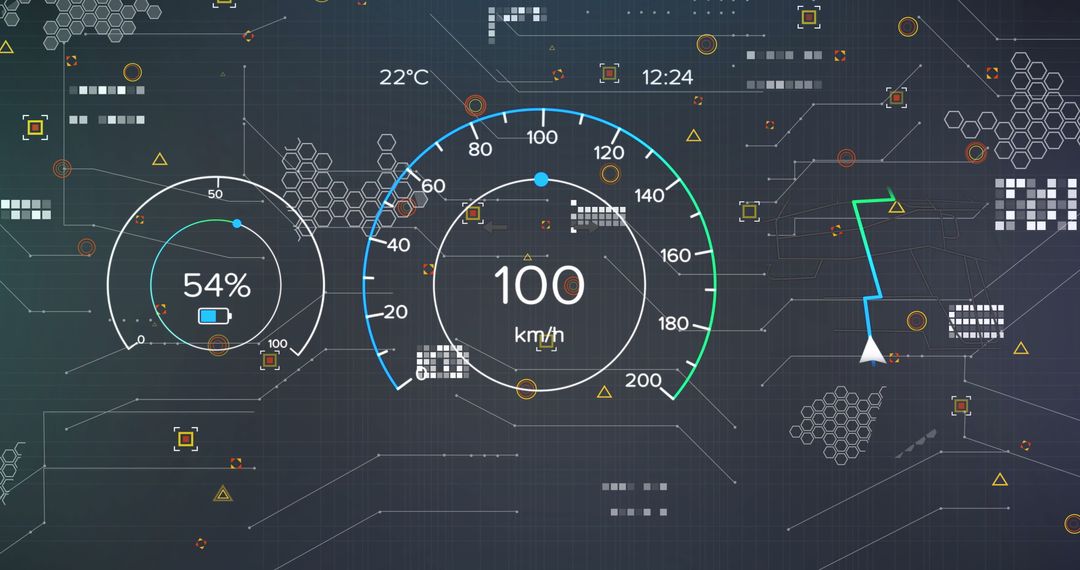 Futuristic Digital Dashboard with Speedometer and Navigational Displays
