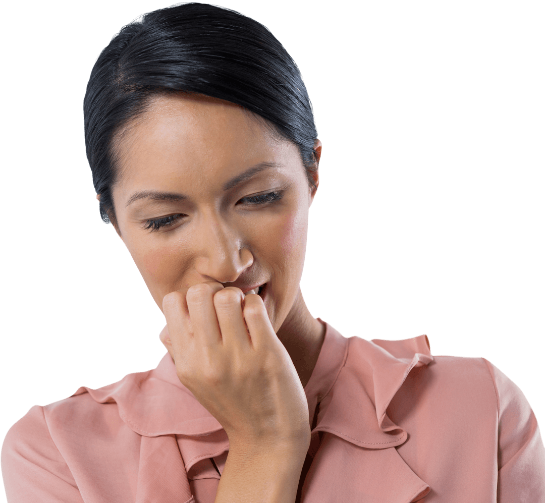 Pensive Asian Woman Gazing Down with Hand to Face Isolated on Transparent Background
