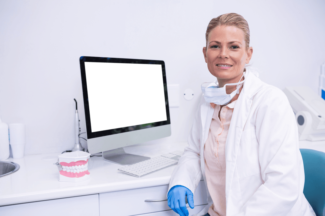 Dentist in Clinic with Computer and Dental Model on Transparent Background
