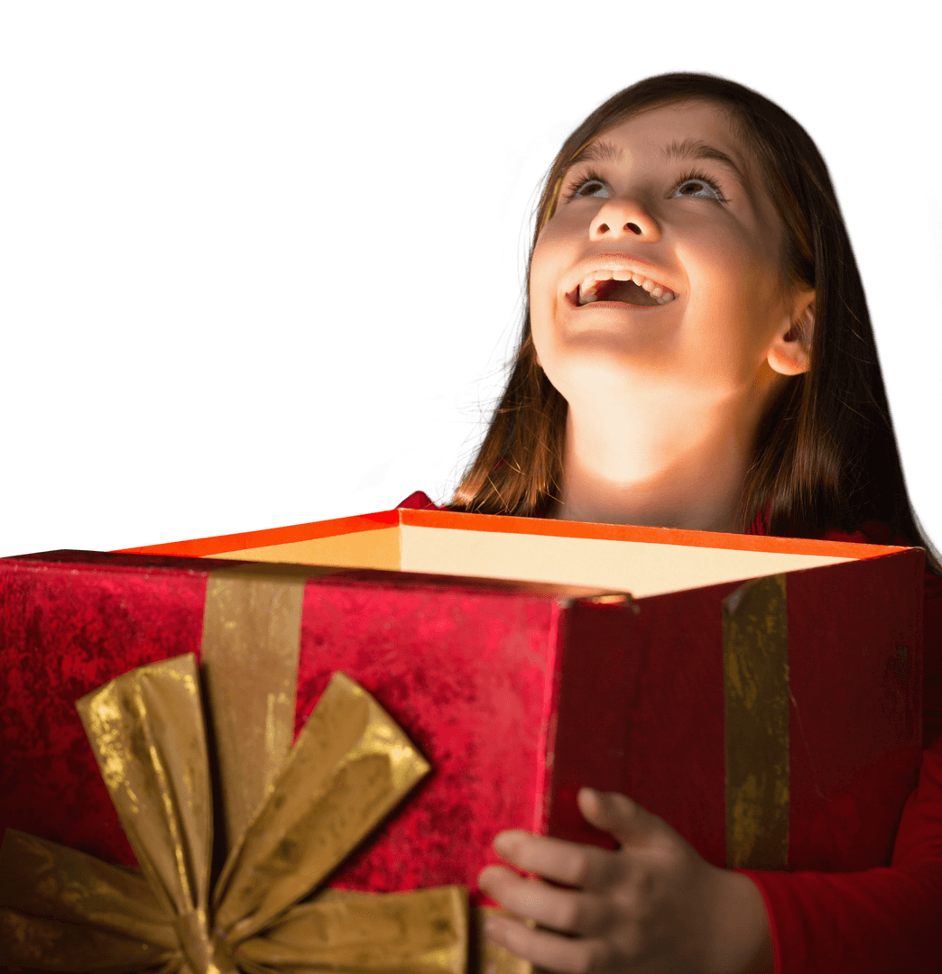 Joyful Girl Holding Glowing Christmas Gift on Transparent Background