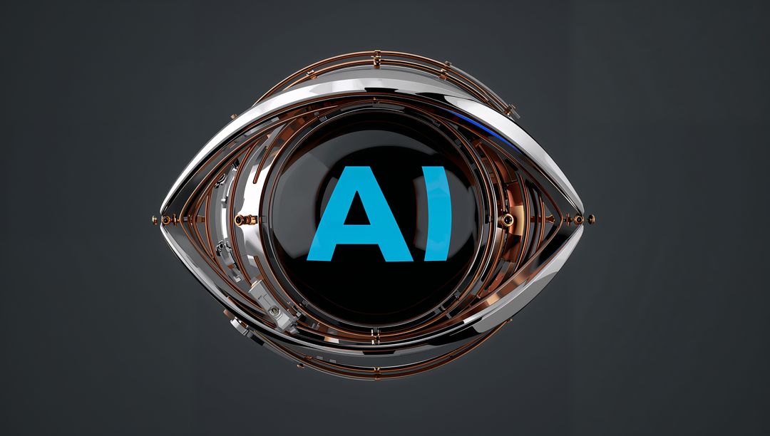 Futuristic Chrome and Copper Eye with Glossy Orb Displaying Cyan AI Letters