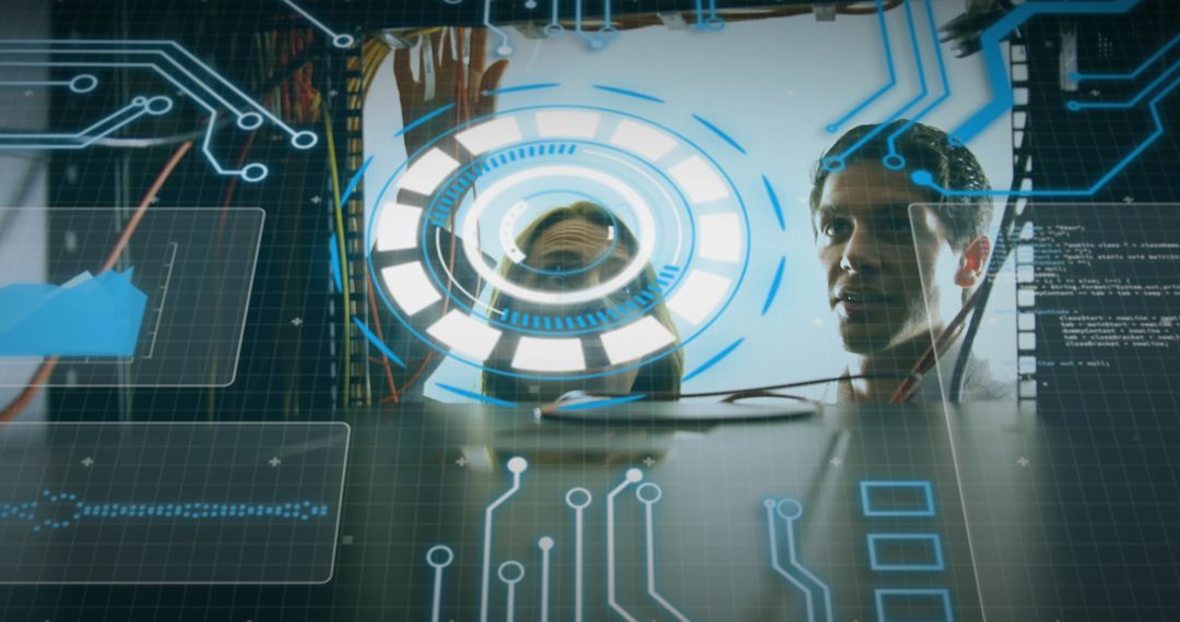 Man Analyzing Computer Wires with Digital Interface Elements