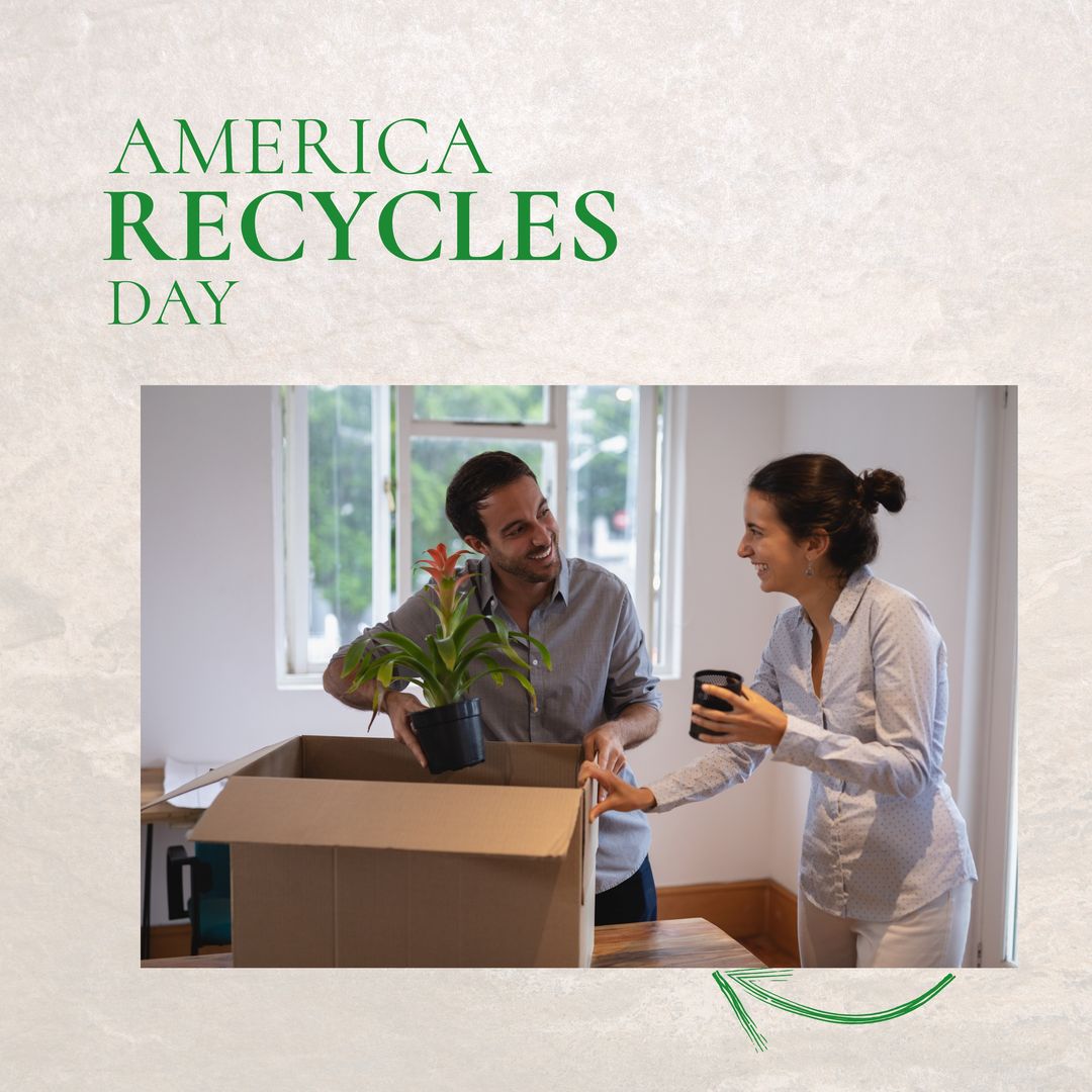 Composition of america recycles day text over caucasian couple with boxes at home - Download Free Stock Templates Pikwizard.com