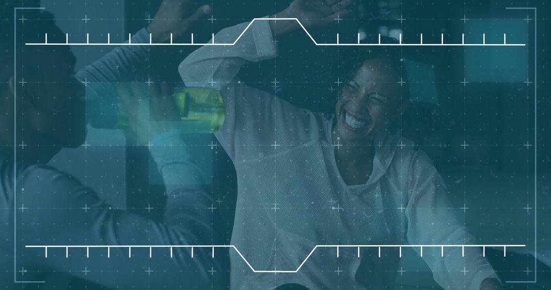 Digital Interface Overlay of Jovial Workout Break with Friends