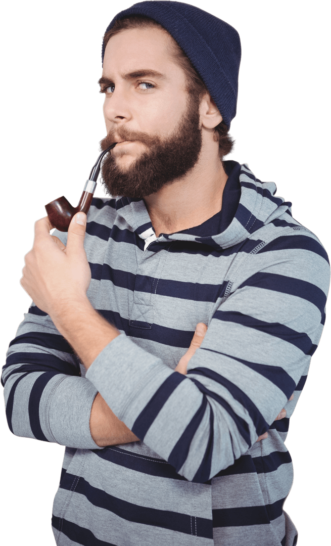 Stylish Bearded Hipster Smoking Pipe Against Transparent Background