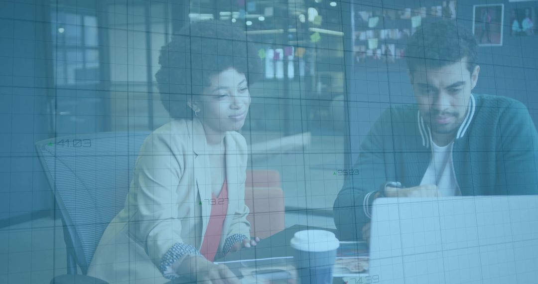 Collaborative Professionals Analyzing Data with Grid Overlay in Modern Workspace