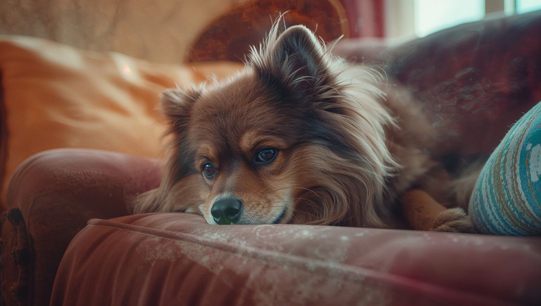 Fluffy Dog Relaxing on Homey Sofa with Warm Decor