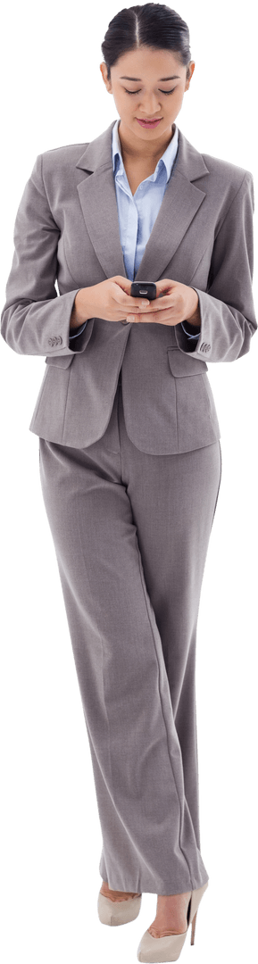 Confident Businesswoman in Suit Sending Text Message on Transparent Background