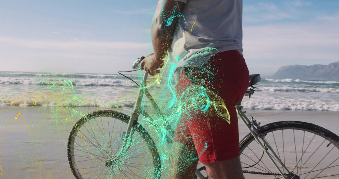 Man Standing with Bicycle on Beach with Futuristic Digital Effects