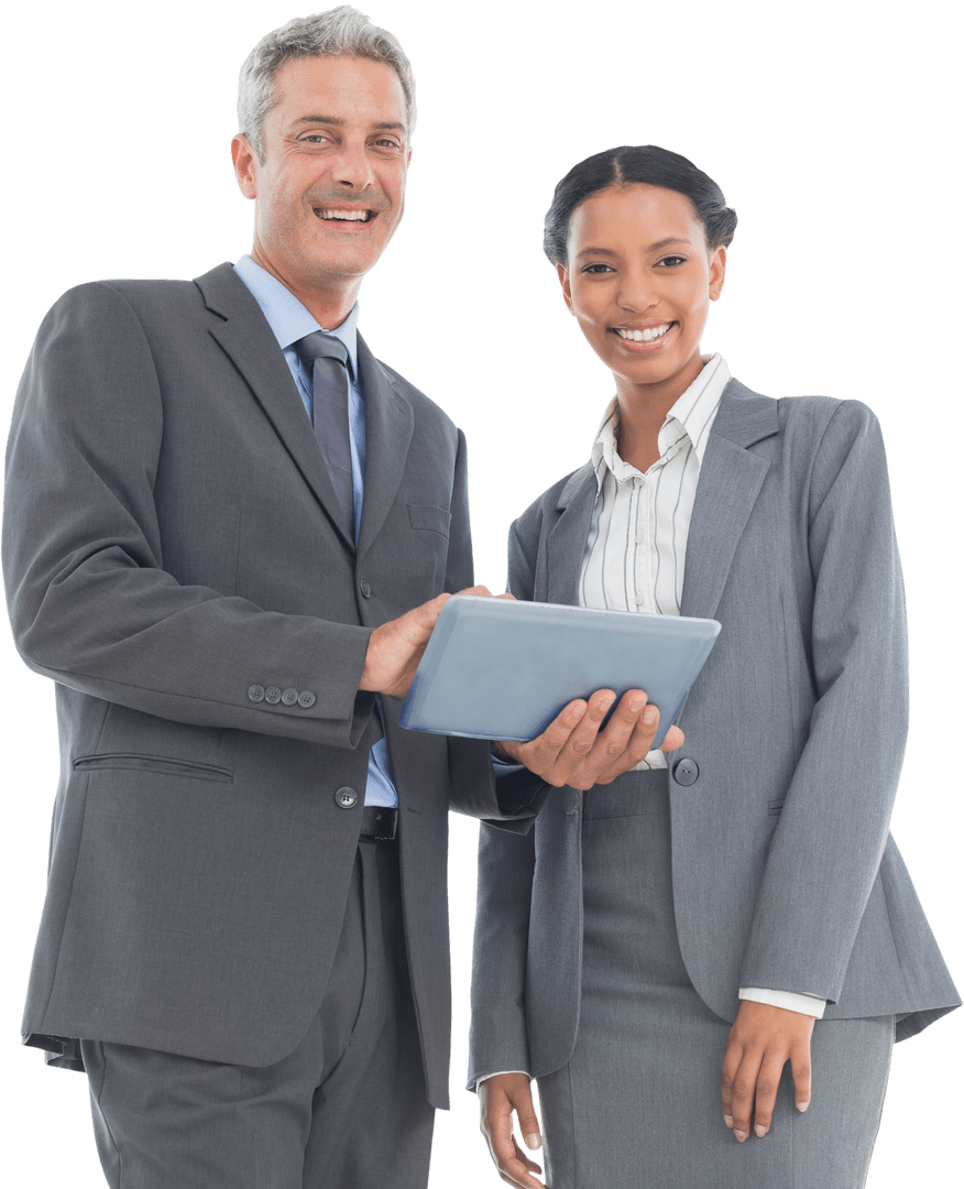 Transparent Duo in Suits Using Tablet for Collaboration