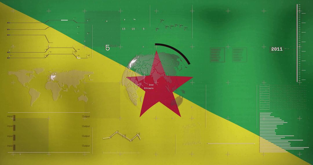 Red Star Overlaid on Geospatial Infographic Diagonal Green Yellow Background and Charts