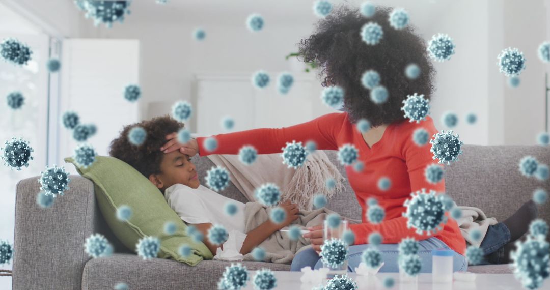 Mother Comforting Sick Child With Overlay of Virus Illustrations