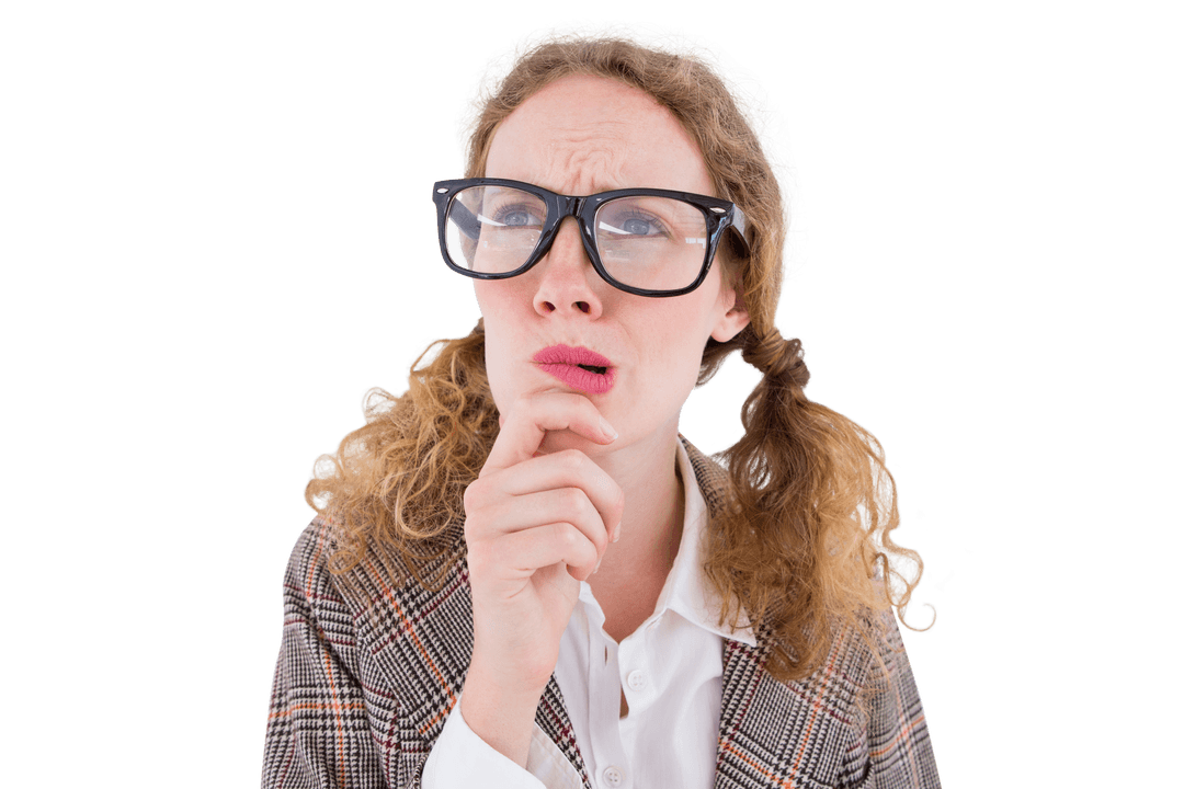 Transparent Geeky Woman Thinking with Retro Glasses