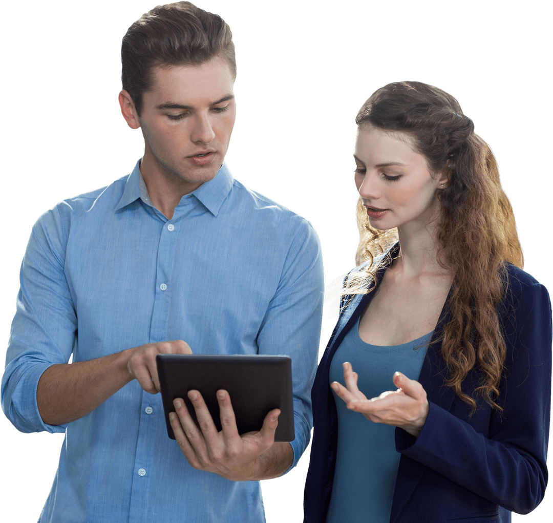 Transparent Business Duo Using Digital Tablet for Discussion