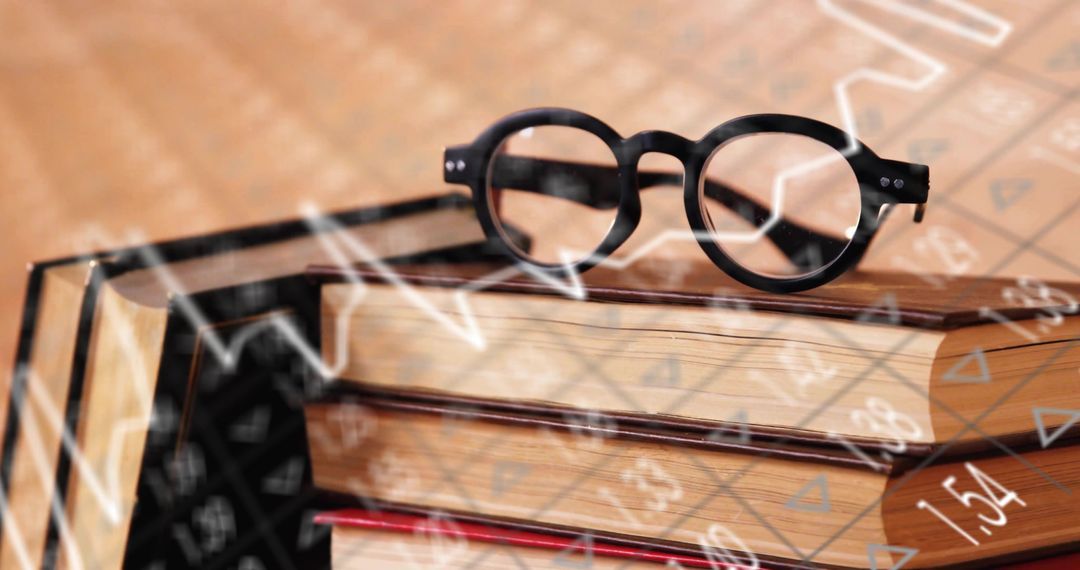 Vintage eyeglasses resting on stacked hardcover books with numeric overlay and warm tones