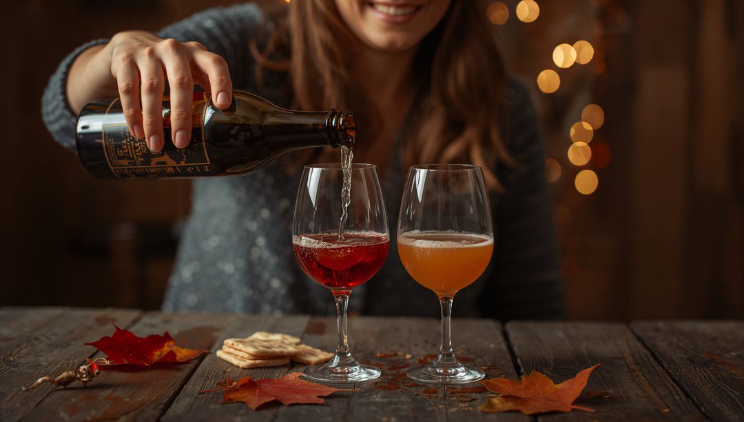 Woman Pouring Red and Amber Drinks into Wine Glasses on Rustic Table with Autumn Leaves