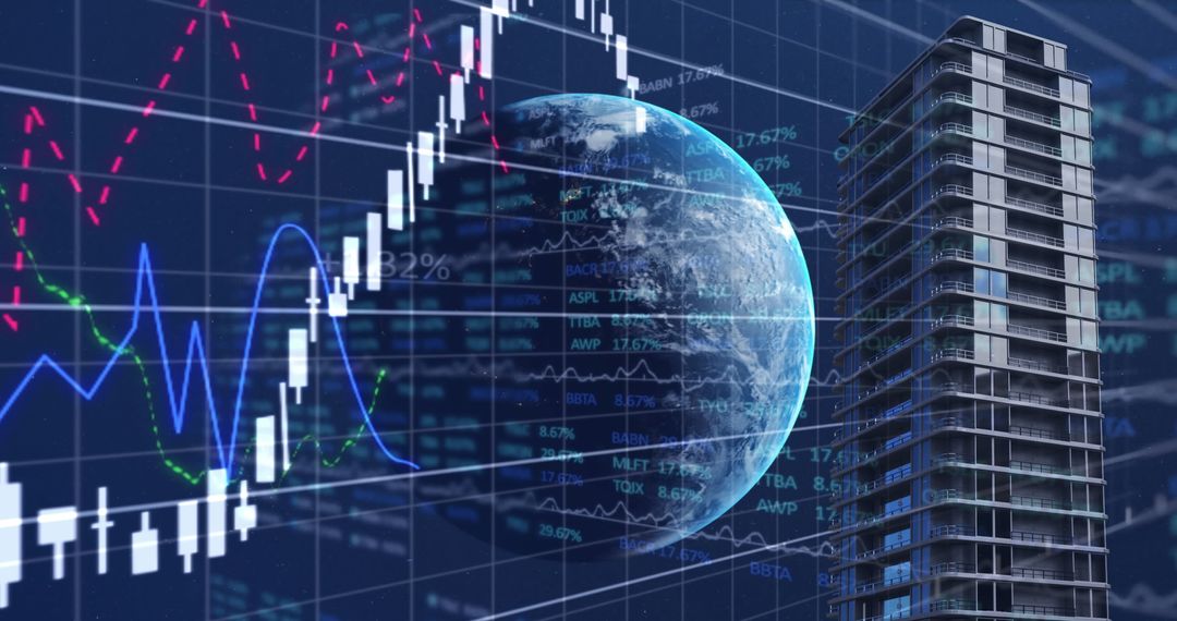 Global Finance Concept with Data and Cityscape at Night