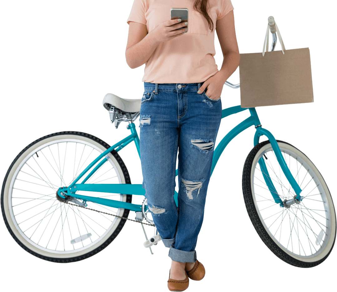 Woman Leaning on Transparent Bicycle Using Smartphone
