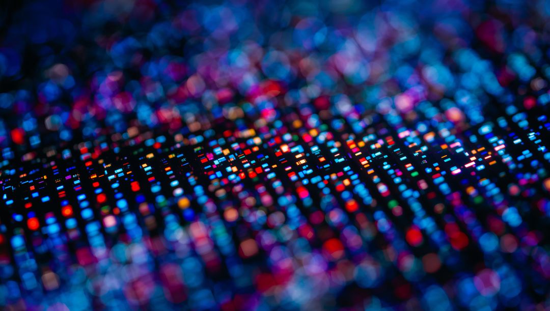 Vivid LED Pixel Grid Showing Neon Bokeh, Circuit Traces and Multicolor Abstract Macro