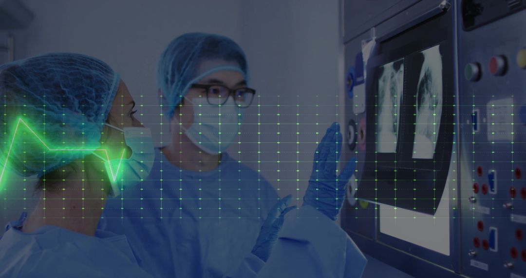 Healthcare clinicians reviewing chest X-rays at console with ECG overlay for diagnostics