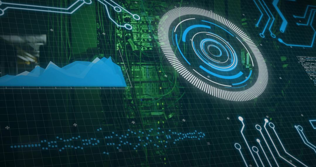 Concentric HUD Displaying Futuristic Data Overlay Over Circuit Board with Blue Area Chart