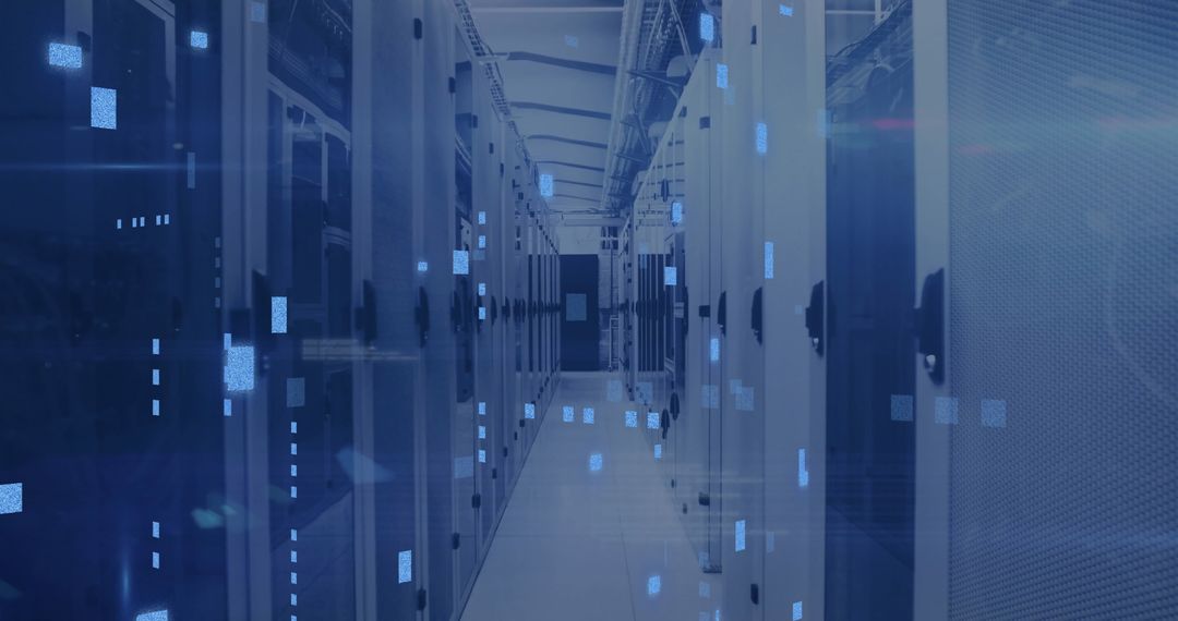 Digital Data Flow in Modern Server Room with Circuit Board Overlay