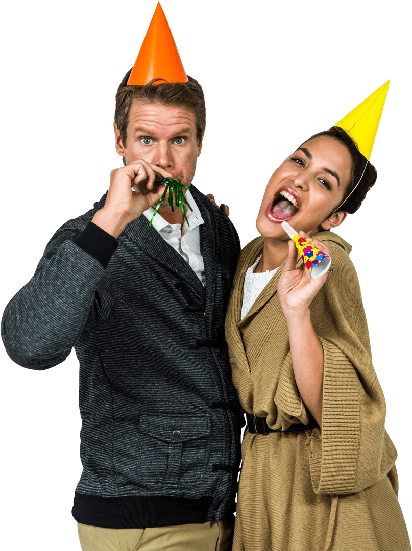 Cheerful Birthday Celebration by Diverse Couple with Party Hats