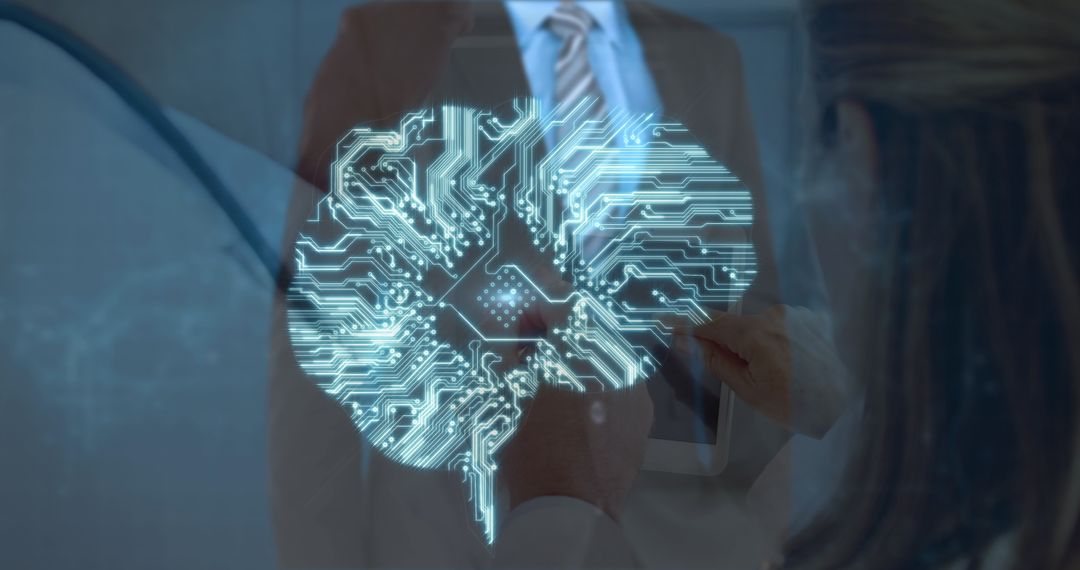 Digital Brain Circuitry Overlay on Professionals Discussing Tech Innovation