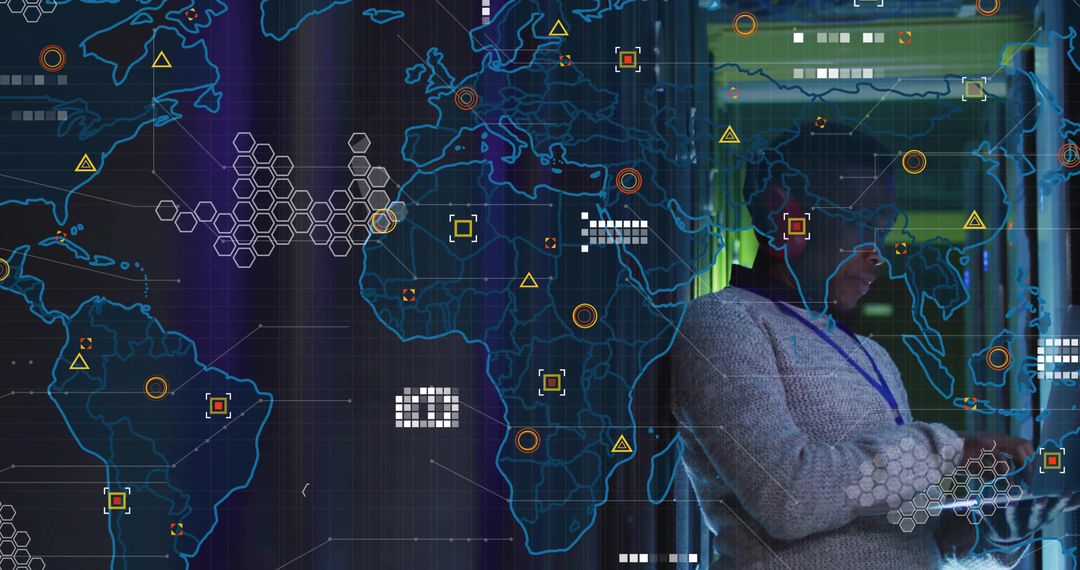 IT Professional Analyzing Global Cybersecurity Data in Data Center