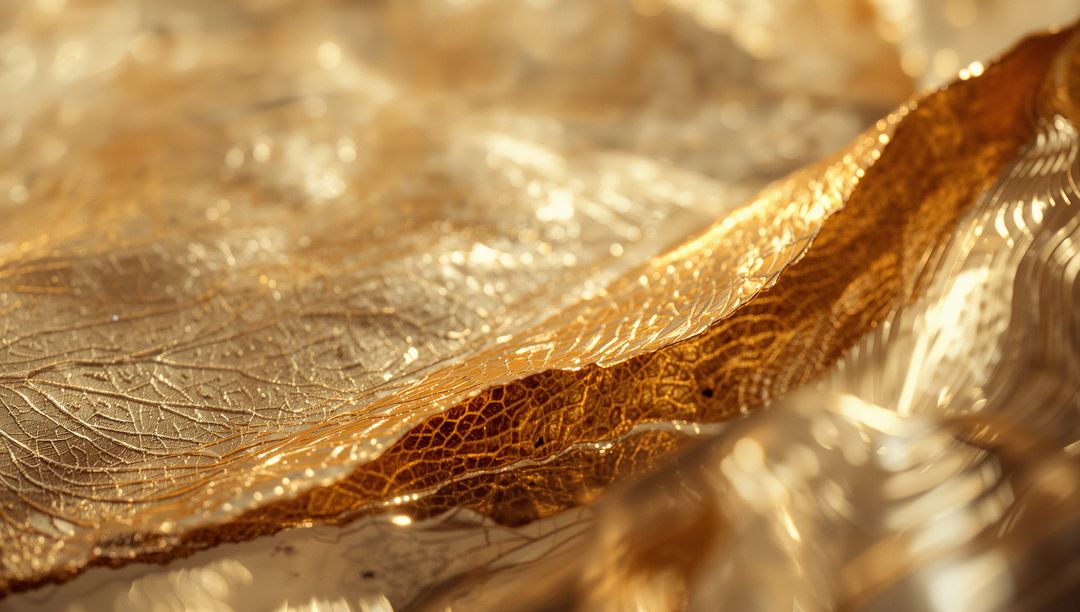 Golden Skeletal Leaf on Reflective Metallic Surface