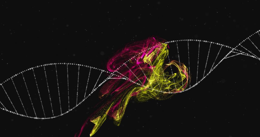 Colorful DNA Strand with Abstract Elements on Black Background