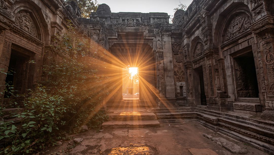 Sunburst Illuminating Ornate Stone Temple Portal at Golden Hour