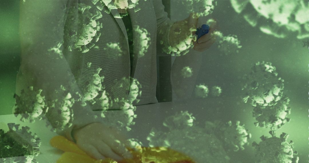 Person Disinfecting Surface with Virus Overlay Symbolizing Health and Safety