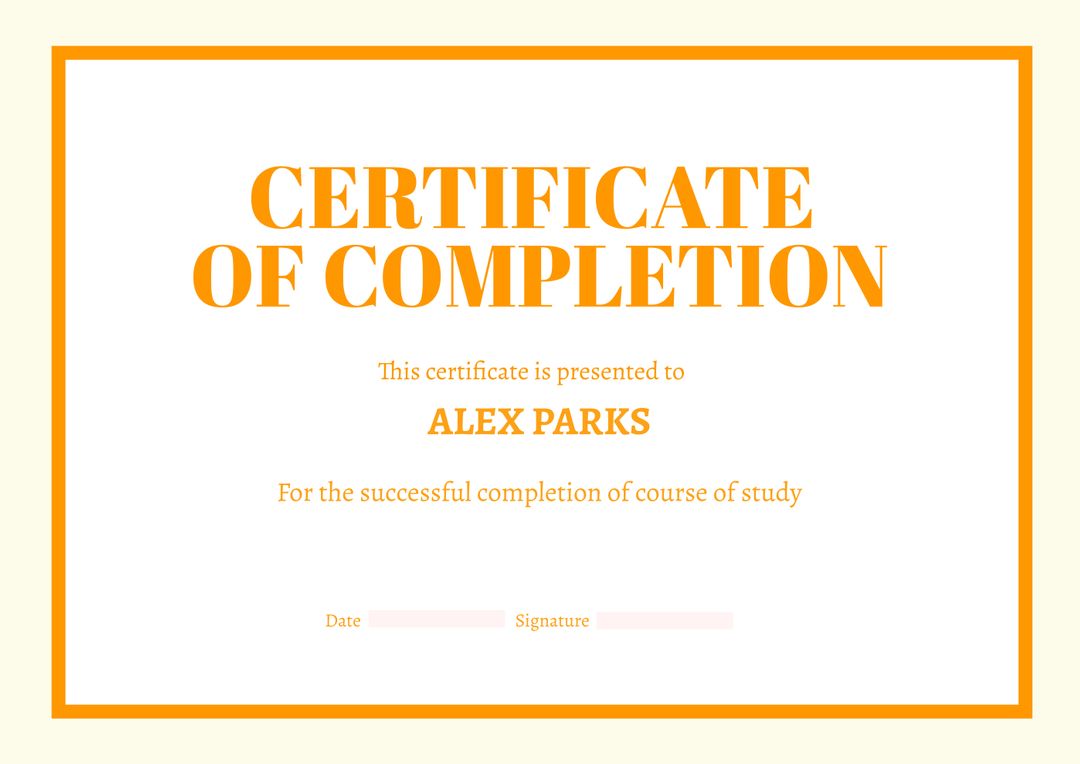 Certificate of Completion with Bold Orange Text and Minimalist Design - Download Free Stock Templates Pikwizard.com