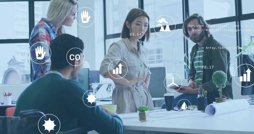 Diverse Business Team Analyzing Eco Data in Modern Office