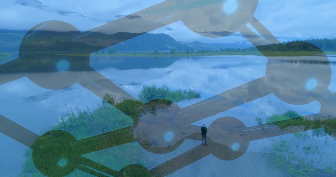 Woman Exploring Serene Lake with Connected Network Overlay