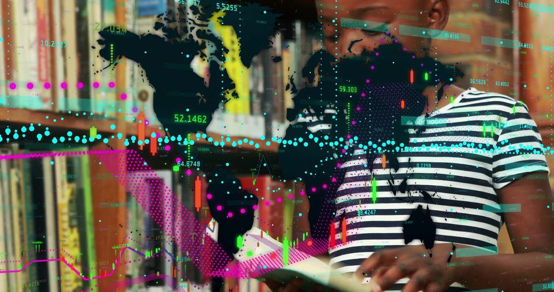 Child Reading Library Book with Global Data Visualization