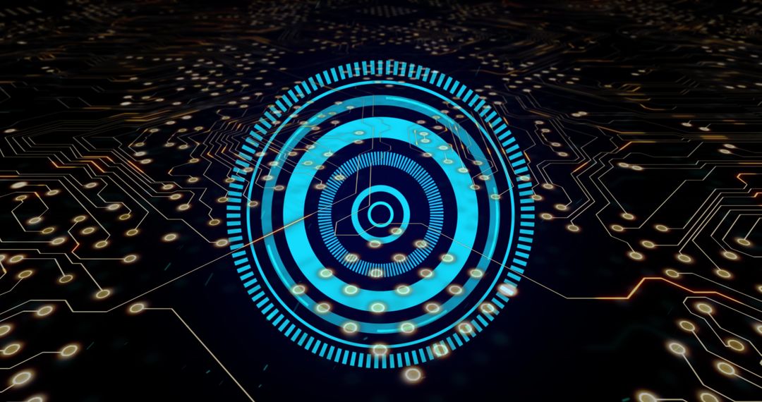Futuristic Circuit Board with Digital Interface Overlay