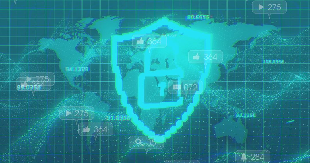 Neon Cyan Cybersecurity Shield Overlaying Dotted World Map and Interactive Data UI Tags