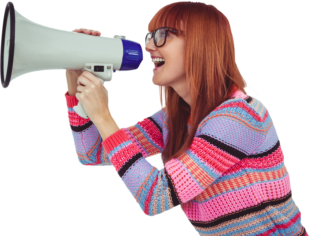 Transparent Background Smiling Hipster Woman Shouting Through Megaphone - Download Free Stock Images Pikwizard.com