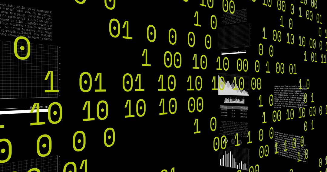 Binary code and data visualization on black background