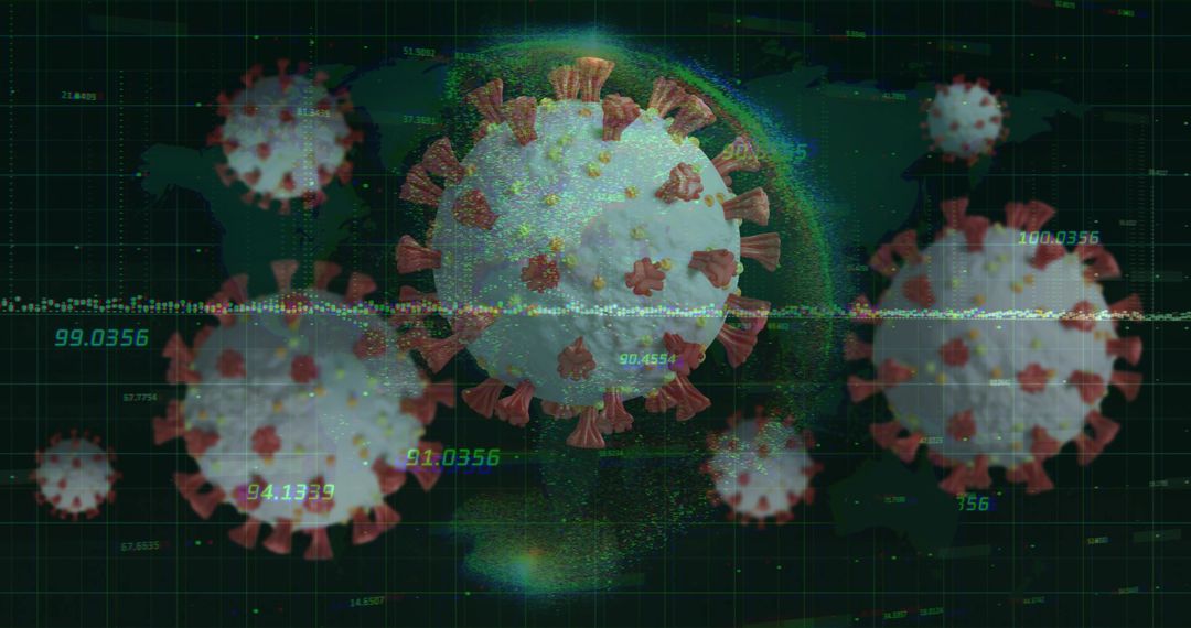 3D Coronavirus Particles Floating Over Digital Data Grid with HUD Readouts and Scanlines